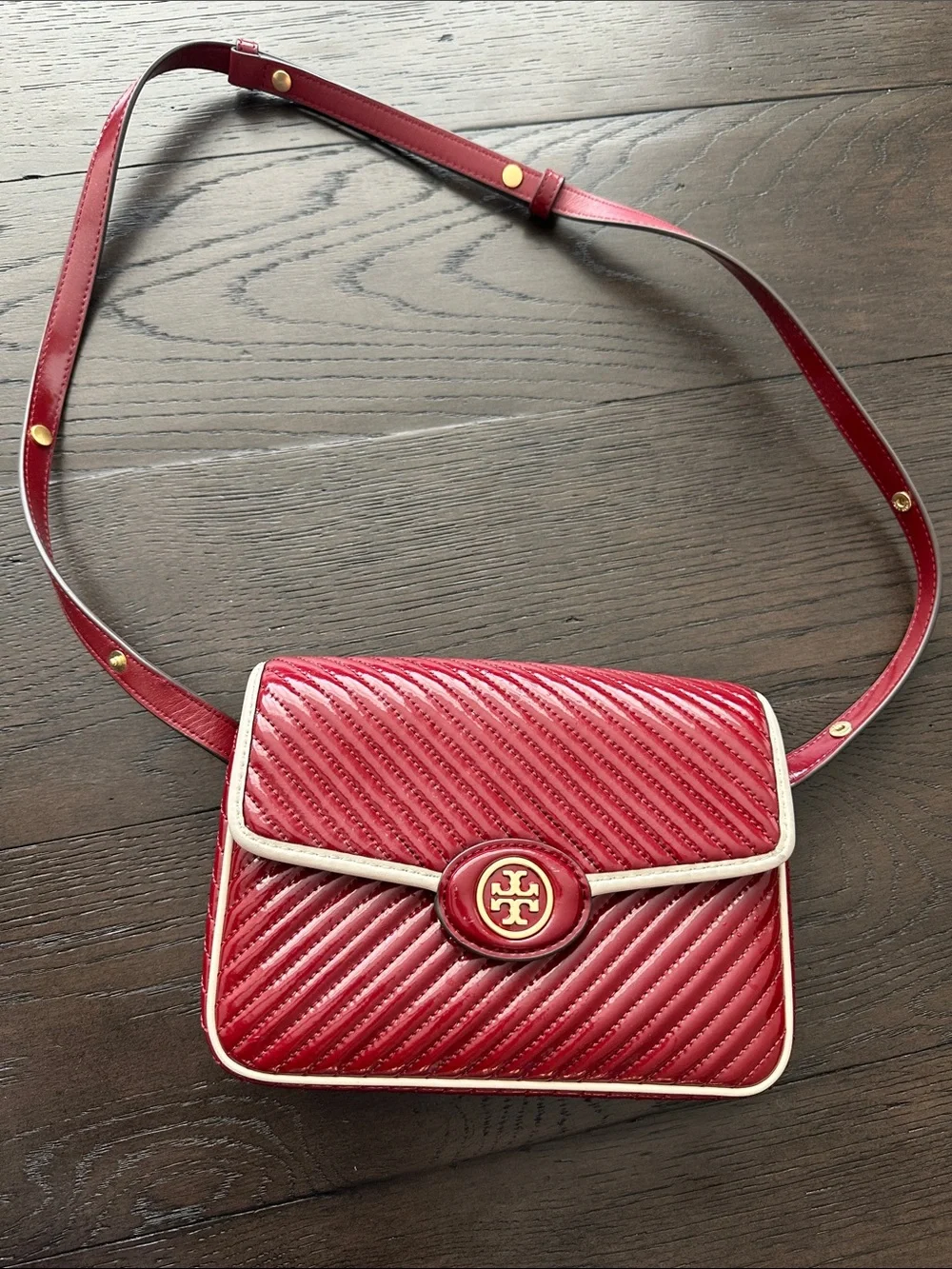 Tory Burch Dark Red Quilted leather Crossbody with Cream Trim